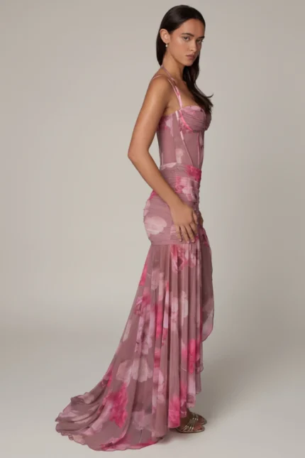 Ruched Asymmetric Corset Gown in Blurred Floral